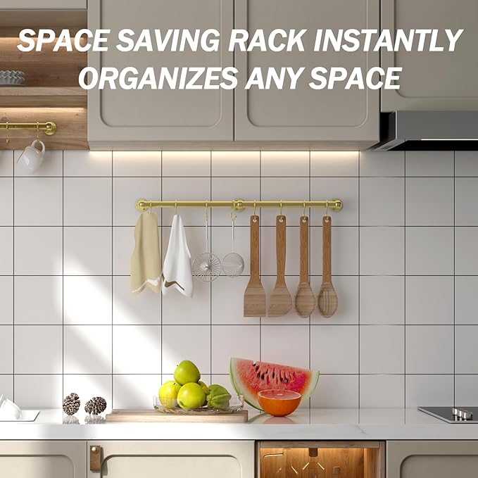 ROTHLEY Stainless Steel Hanging Pot Rack Hanger: 23.7 Inch Brass Pot and Pan Hanger Wall Mounted Hanging Pot Bar Rack Heavy Duty Pot Hangers Kitchen Rail with 8 S Hooks