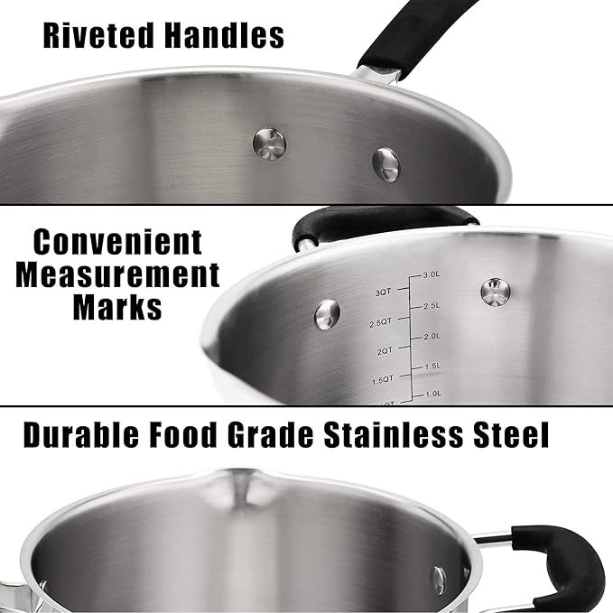 Rorence 3.7 Quart Saucepan with Glass Lid: Stainless Steel Sauce Pan with Two Sides Pour Spout & Riveted Silicone Handles & Build-in Strainer Tempered Glass Cover …