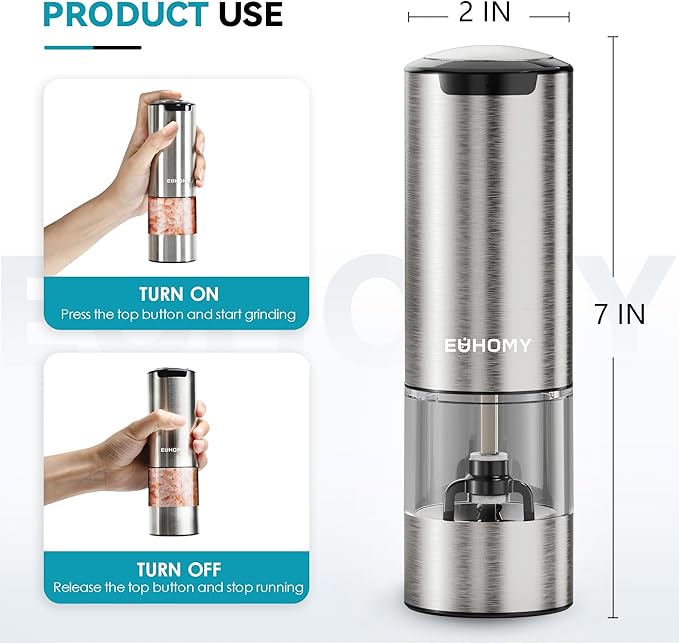 EUHOMY 1 Pack Salt and Pepper Grinder, Type-c No Battery Needed with LED Light, Adjustable Coarseness, Stainless Steel Automatic Salt Pepper Mill Grinder, One Handed Operation, Kitchen