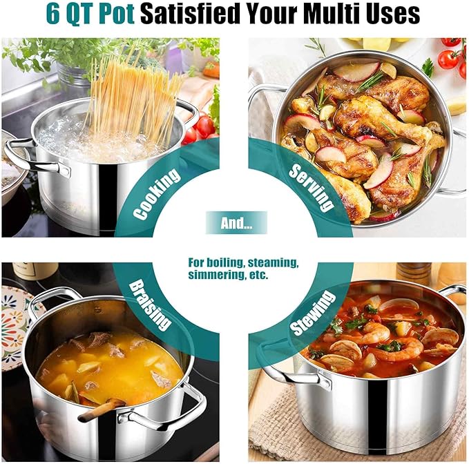 P&P CHEF 6 Quarts Cooking Stock Pot with Lid, Stainless Steel Stockpot Induction Pot for Soup, Tri-Ply Bottom & Clear Glass Lid & Double Handle, Dishwasher Safe