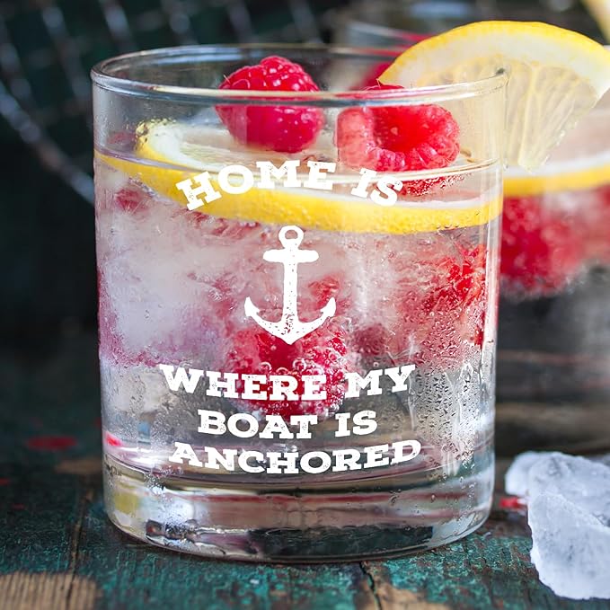 kunlisa Boat Gifts Whiskey Glasses, Nautical Gifts for Boaters, Home Is Where My Boat Is Anchored 10 oz Drinking Rocks Glasses for Men Whisky Cocktail Scotch Bourbon Liquor