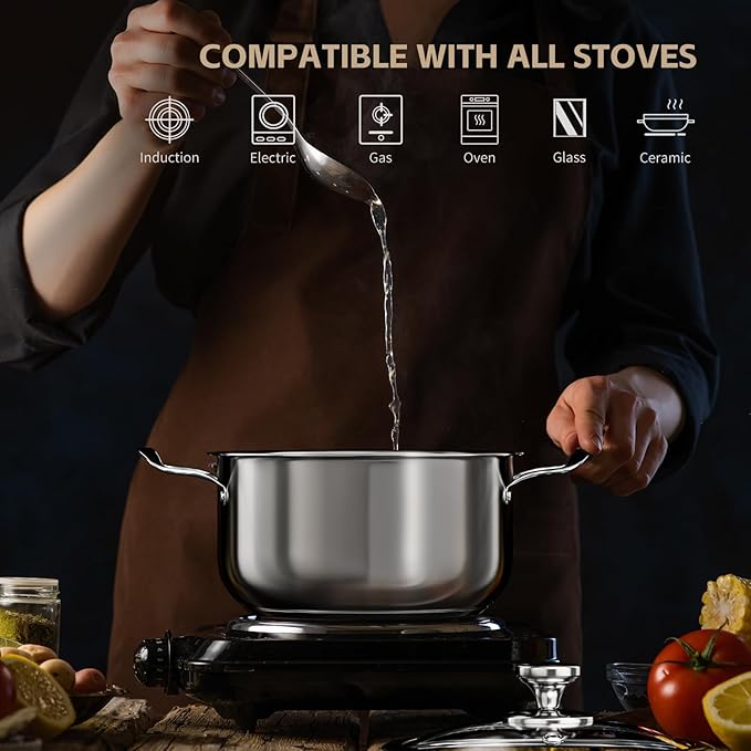 Meythway Pots and Pans Set Non Toxic, 11-Piece Stainless Steel Cookware Set with Steamer & Visual Lid, Kitchen Induction Cookware with Frying Pans, Saucepan and Stockpots For Oven & Dishwasher Safe