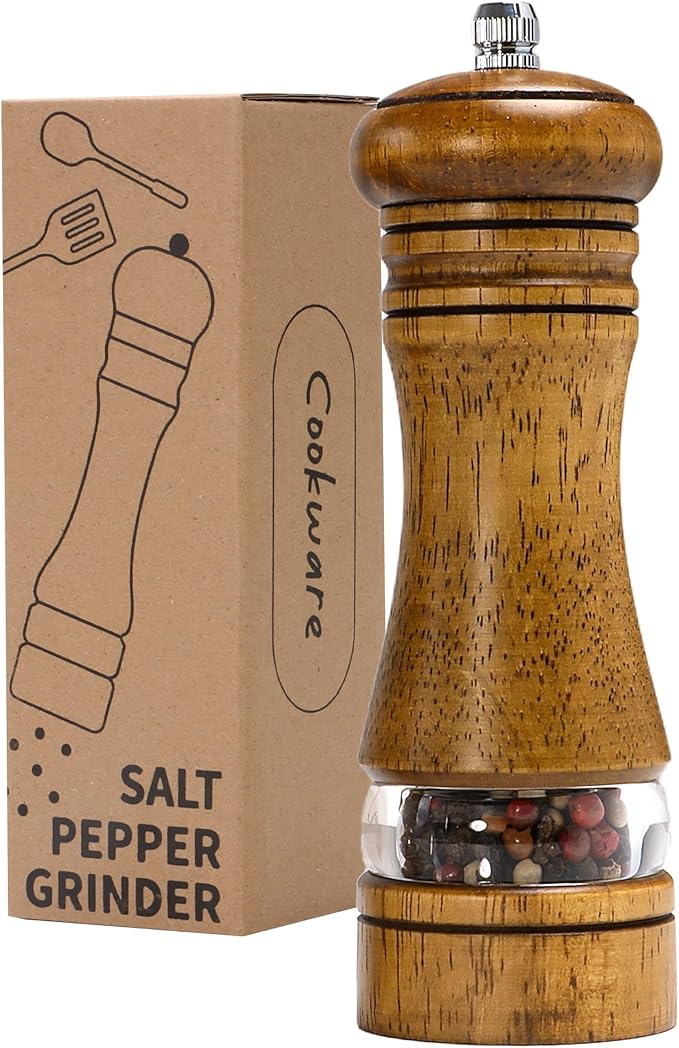 Wood Salt and Pepper Grinder, Salt Grinder and Pepper Mill, Oak Wood Shakers with Adjustable Ceramic Grinders - 6 inches, 1 Pack