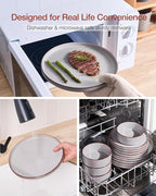 Famiware Nebula Ridge Stoneware Dinnerware Sets, Plates and Bowls Sets for 4, 12 Pieces Dishes Set, Microwave and Dishwasher Safe Kitchen Plates, Light Gray