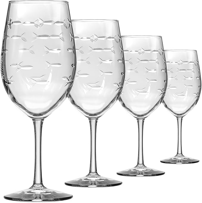 Rolf Glass School of Fish 18oz All Purpose Wine Glass | Set of 4 | Large Wine Glasses | Lead-free Crystal Glass | Engraved Wine Glasses | Made in the USA
