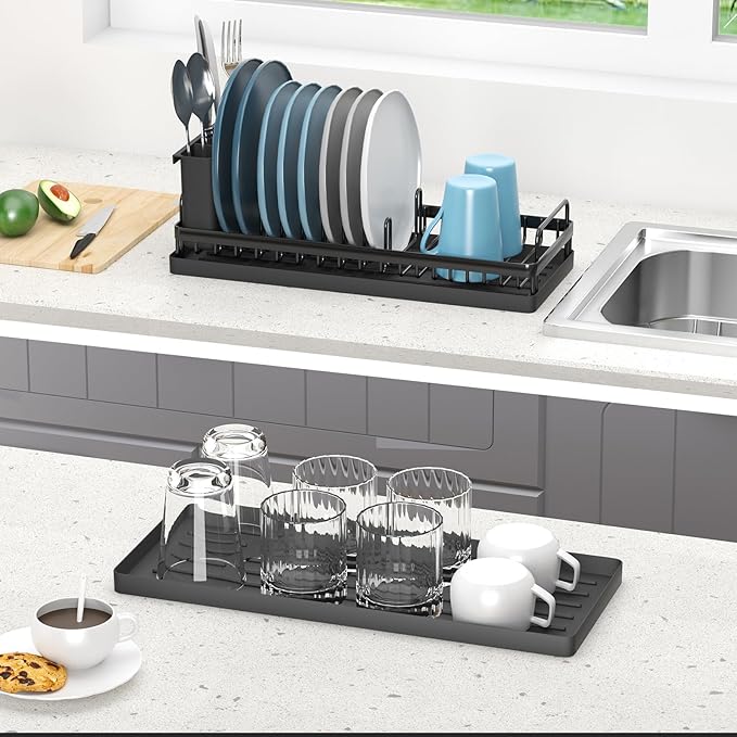 Small Dish Drying Rack, Compact Sink Dish Drainer Plate Rack Organizer with Utensil Holder and Silicone Drying Mat for Kitchen Counter, RVs, Apartments