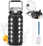 MUKOKO 64oz Glass Water Bottles with Straw and Lid,Half Gallon Water Bottle with Time Marker,Large Glass Water Jug with Silicone Sleeve and Stainless Steel Handle-Black