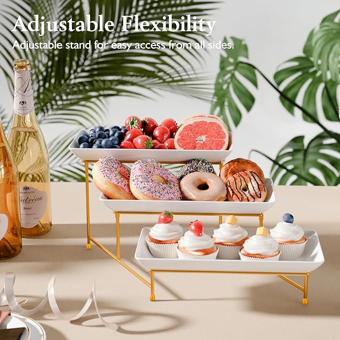 3 Tier Plastic Serving Tray for Party, 11.5" x 5.6" Platters for Serving Food, Microwave-Safe, White Reusable Trays with Black Metal Display Stand for Cupcakes, Dessert, Fruit, Cookie, Gold