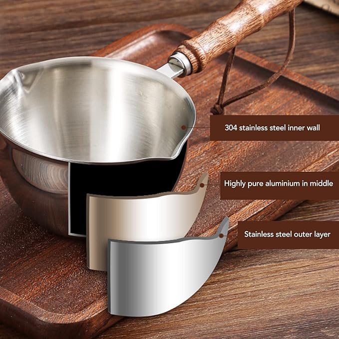 Milk Pot 120ml/200ml Stainless Steel Flat Bottom Butter Melting Pot with Wooden Handle, Mini Sauce Pan Coffee Warmer Pot for Chocolate Melting(120ml)