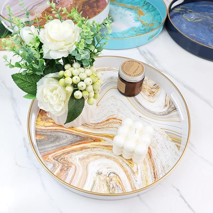 Round White Marbling Decorative Tray with Handles, 13" Morden Plastic Serving Tray for Coffee Table Bathroom, Ottoman, Home Decor