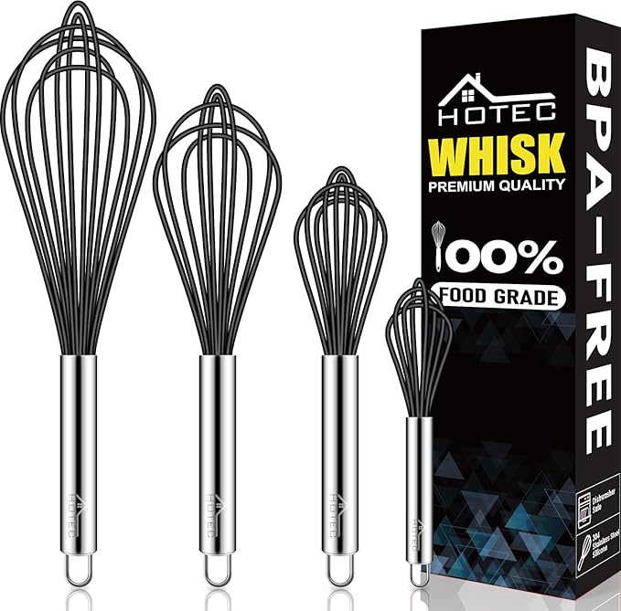 HOTEC 4 Pieces Silicone Whisks Set, Wire Balloon Whisks Egg Beater, Non-slip Handle Whisk for Non-stick Cookware Perfect for Cooking, Stirring, Beating and Blending (Black)