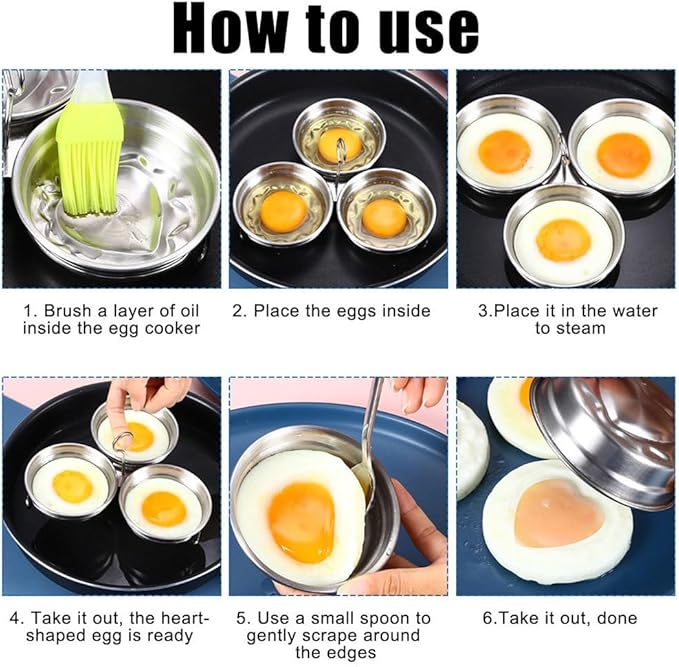 Egg Poacher,Stainless Steel Egg Boiler Maker With Oil Brush Round/Heart Shaped for Making Boiled Eggs