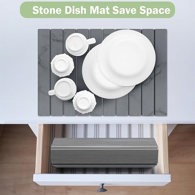 Stone Dish Drying Mat for Kitchen Counter,24"(L)×16"(W) Collapsible Fast-Drying Diatomaceous Earth Mats with Towel Sanding Tool,Versatile Stone Drying Mats for Cups Dishes Bottles