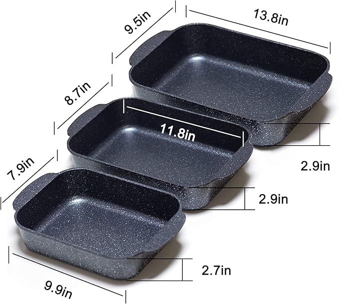 S·KITCHN Set of 3 Nonstick Roasting Pan Baking Dishes for Lasagna, Casserole and Bread Baking Pan, Large & Deep Lasagna Pan with Handles