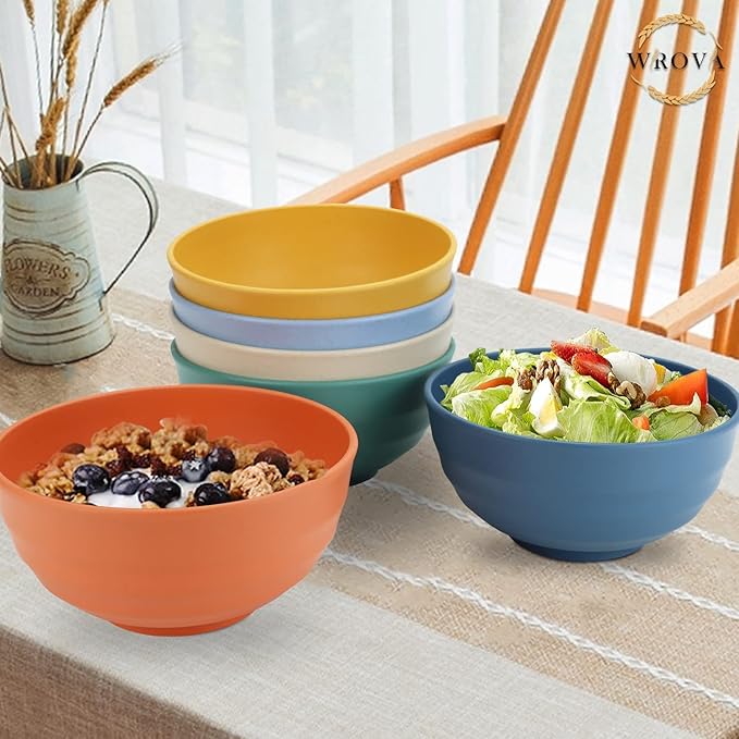 Wheat Straw Bowls Set 60 OZ Unbreakable Large Cereal Set of 6 - Microwave and Dishwasher Safe, Big for Camping and Party - BPA Free Soup Bowl for Serving Oatmeal and Salad - 6 Colors