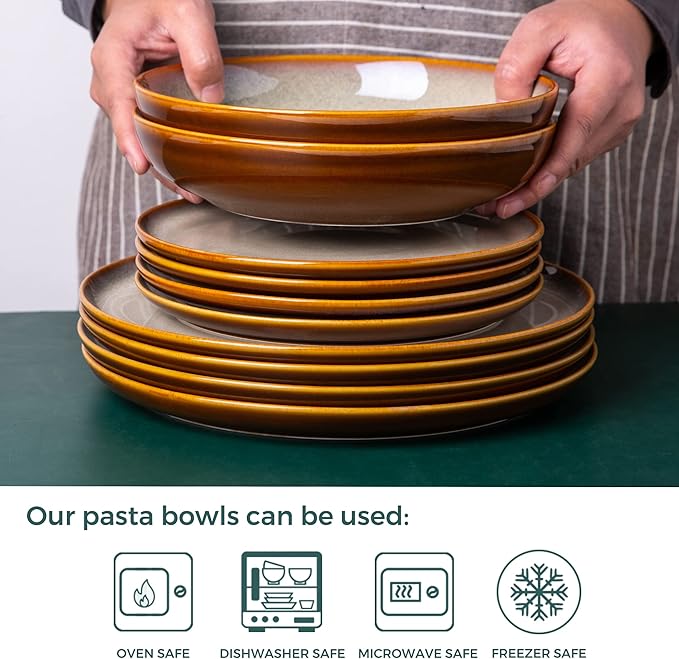 LERATIO Large Pasta Bowls,38oz Ceramic Pasta Bowls,9.0" Reactive Glaze Pasta Bowl Set of 6,Microwave & Dishwasher,Oven Safe,Wide Serving Bowls for Salad,Pasta,Fruit,Scratch Resistant-Khaki
