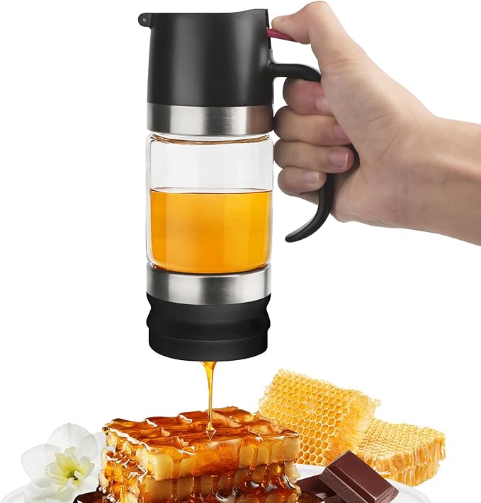 Glass Honey Dispenser,10 OZ Honey Pot with Handle,No Drip Honey Container Jar,Maple Syrup Dispenser,Ideal for Honey and Syrup,Black base