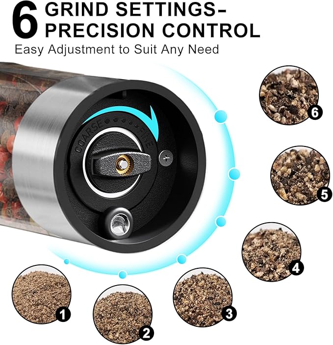 Electric Salt and Pepper Grinder Set, Upgraded 3.2oz (95ml) Large Capacity USB Rechargeable Mill with LED Light & 6 Adjustable Coarseness, Stainless Steel Shaker for Kitchen, BBQ, Gift Giving