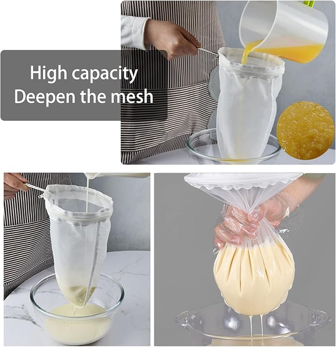 WMKGG Ultra Fine Mesh Strainer Bags, Reusable Mesh Filter Bags with Stainless Steel Handle Frame for Filter NutMilk, Coffee, Milk, Butter, Juices and Fresh Cheese (Medium Size)(7.5"Wx12.2"D)