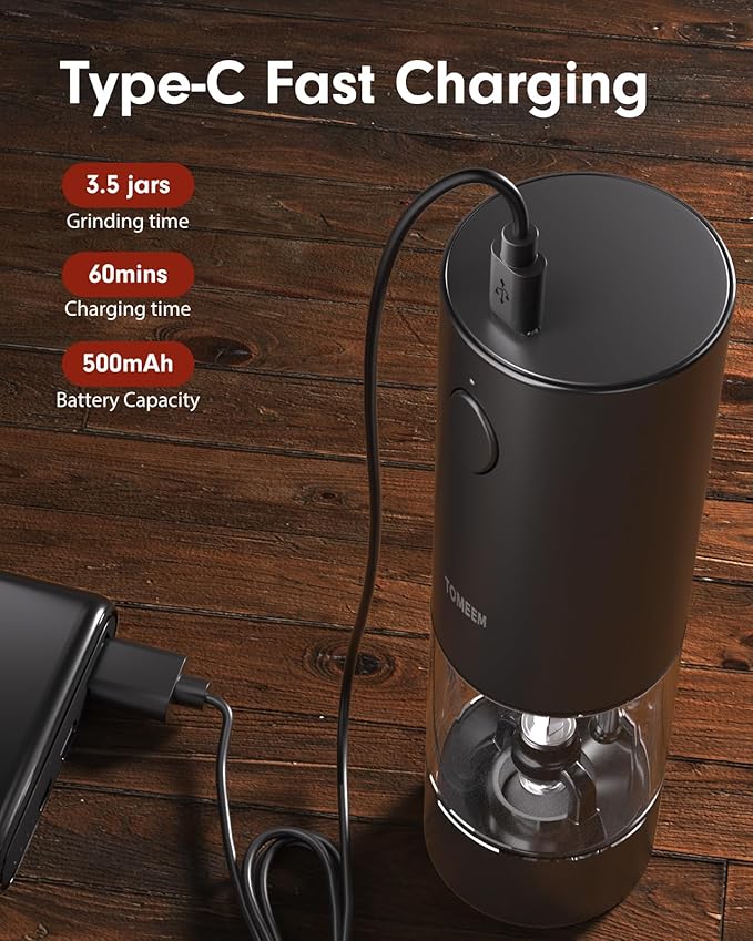 Upgraded Larger Capacity Electric Salt and Pepper Grinder Set Rechargeable with LED lights, Stainless Steel Automatic Pepper and Salt Grinder Refillable with 5 Adjustable Coarseness Black - White