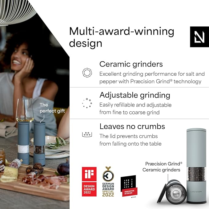 LARS NYSØM Salt and Pepper Grinder Set 2 pieces I Salt Pepper Mill with Adjustable Ceramic Grinder I Design Spice Grinder Set Manual (Blue)