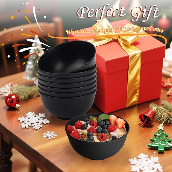 Homienly Cereal Bowl Set, Wheat Straw Bowls for Kitchen, Unbreakable Lightweight Bowl Set of 8, Microwave and Dishwasher Safe Bowls, Reusable Bowl for Serving, Cereal, Snack,Fruit(Black, 26 OZ)