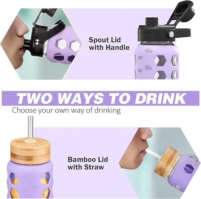 MUKOKO Glass Water Bottles, 32oz Glass Tumbler with Straw, Drinking Bottles with 2 Lids-Handle Spout Lid&Bamboo Straw Lid, Motivational Water Bottle with Time Marker and Silicone Sleeve, 1 Pack-Purple