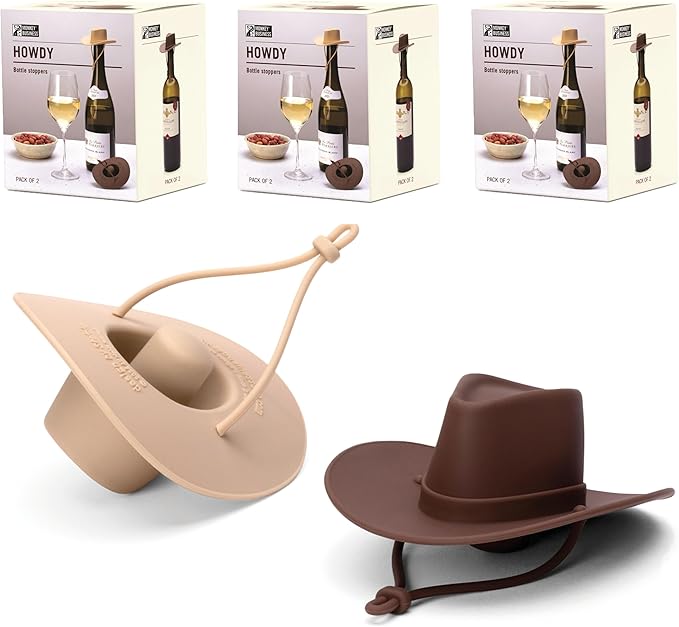 Monkey Business Howdy - 3 Sets of 2-Pack Wine Stoppers (Total 6) Cowboy Hat Wine Stoppers – Fun Silicone Bottle Stoppers Keep Wine Fresh – Novelty Kitchen Gadgets & Cute Wine Accessories