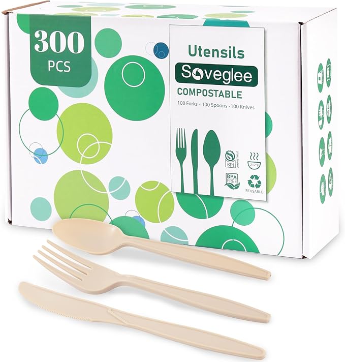 300 Count Light Brown Compostable Silverware, 100 Forks 100 Spoons 100 Knives Compostable Utensils, No Plastic Utensil, Eco Friendly Disposable Plastic Silverware for Party Office Wedding
