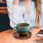 4 oz Espresso Cups Set of 2, Ceramic Cappuccino Cups with Saucers, Durable Porcelain Tea Set & Modern Coffee Cup Collection, Coffee Lover Gifts, Glazed Blue