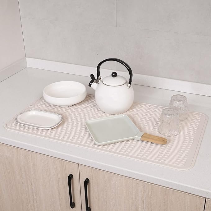 Silicone Dish Drying Mat for Multiple Usage,Easy clean,Eco-friendly,Heat-resistant Silicone Mat for Kitchen Counter or Sink,Refrigerator or Drawer Liner Tapioca 4XL 32 inches x 18 inches