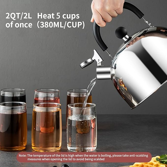 304 Stainless Steel Whistling Tea Kettle 2.1 Quart/2L, Suitable to Boiling Water & Tea on Induction Stove, Gas Stove Top
