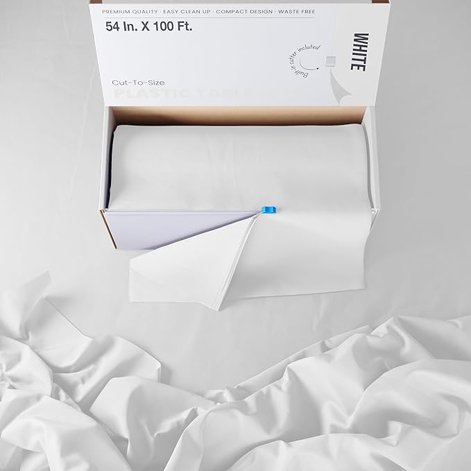 Exquisite Party Solids 54 Inch X 100 Feet White Plastic Table Cover Roll in A Cut - to - Size Box with Convenient Slide Cutter. Cuts Up to 12 Rectangle 8 Feet Plastic Disposable Tablecloths