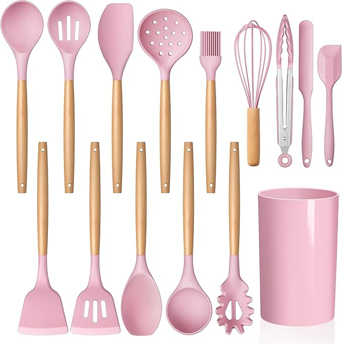 Silicone Kitchen Utensils Set, LIANYU 15-Piece Heat Resistant Cooking Utensils with Holder, Cooking Kitchen Gadgets Tools for Nonstick Cookware, Wooden Handle, Pink