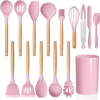 Silicone Kitchen Utensils Set, LIANYU 15-Piece Heat Resistant Cooking Utensils with Holder, Cooking Kitchen Gadgets Tools for Nonstick Cookware, Wooden Handle, Pink