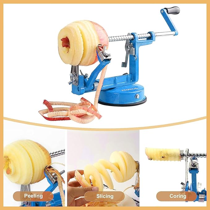 Apple Peeler Slicer Corer with Stainless Steel Blades and Powerful Suction Base for Apples Pears Potatoes(Blue)