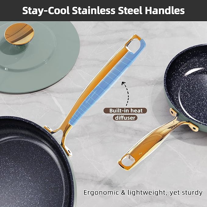 Nuwave Lux LE 13-Pc Cookware Set with Elegant Gold Handle, Diamond Infused Ceramic Non-Stick, PFAS Free, Premium Metal Lids, Ergonomic Stay-Cool Handles, Induction Ready & Compatible w/All Cooktops