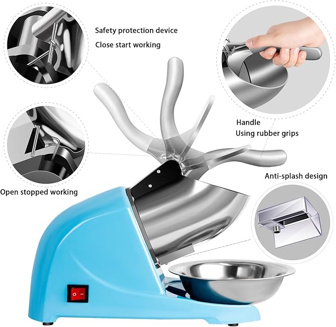 Ice Shaver, Electric Shaved Ice Machine，4-blades Ice Shaver Machine,200lbs/hr ice crusher with Ice Pick for Home and Commercial Use（Blue）