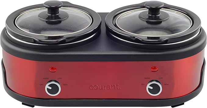 Courant 3.2-Quart Double Slow Cooker (1.6-Qt each) w/Warm Settings, Stainproof Stoneware Pots and Glass Lids – Red Stainless Steel