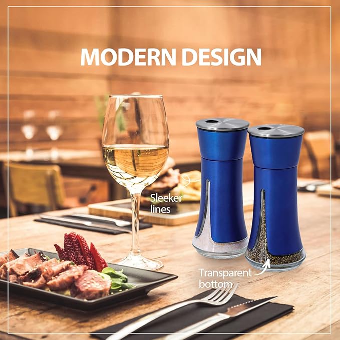 Blue Salt and Pepper Shakers by Aelga, Salt Shaker with Adjustable Pour Holes, Blue Kitchen Accessories, Decor for Kitchen,Restaurants,Camp,BBQ