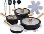 NutriChef 14-Piece Non-Stick Ceramic Cookware Set - Induction Safe Pots and Pans with Glass Lids, Cool-Touch Handles, Even Heat Distribution, Dishwasher Safe, Includes Ladle, Tong, Spatula (Black)