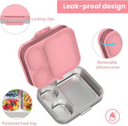 Stainless Steel Bento Lunch Box for Kids | 3-Compartment Lunch Box Container Kids | 100% Leakproof, Dishwasher-Safe, Eco-Friendly, Perfect Portion Control for Kids&Adult Healthy Meals (Pink)