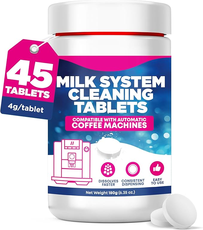 [45 Count, 180g Bottle] Milk System Cleaning Tablets for Automatic Coffee Machines - Compatible with Jura Automatic Coffee Machines - Includes Cleaning, Descaling Tablets, and Milk System Cleaner