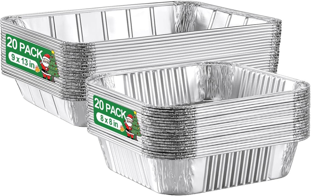 40 Pack Disposable Aluminum Pans Combo Set - 20 Large 9x13 Aluminum Foil Pans Half Size & 20 Small 8x8 Tin Foil Baking Pans, Tin Trays Containers for Meal Prep, Food Cooking, Roasting, Heating