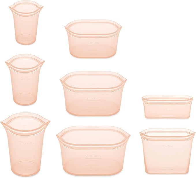 Zip Top Reusable Food Storage Bags | Full Set of 8 [Peach] | Silicone Meal Prep Container | Microwave, Dishwasher and Freezer Safe | Made in the USA