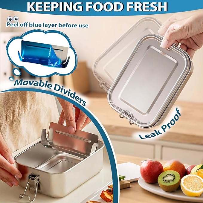 Stainless Steel Lunch Container 2 Pack 304 stainless Steel Bento Box Kids Adult(29oz/19oz),Leak Proof Stainless Steel Snack Containers With 1 Compartment and Lunch Bag