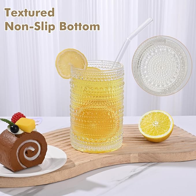 Vintage Hobnail Drinking Glasses Set of 8,Clear 12 oz & 15oz Highball Glass Cups, Kitchen Drinkware Glassware,Embossed Water Tumbler,for Beer,Cocktail,Whiskey,Juice and Various Mixed Drinks