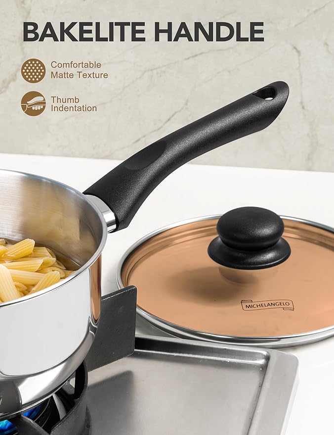 MICHELANGELO Stainless Steel Saucepan Set with Lid 1QT & 2QT & 3QT, Triply Base Stainless Steel Pot Set, Sauce Pot Set with Bakelite Handle