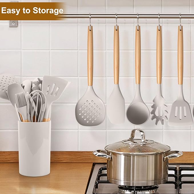 LIANYU 15-Piece Kitchen Cooking Utensils Set with Holder, Silicone Cooking Utensils Include Spatula Tong Slotted Spoon Turner Whisk Brush, Wooden Handle Kitchen Tools for Nonstick Cookware, Khaki