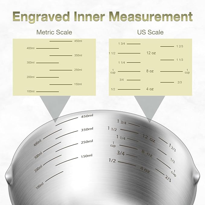 1PCS 2Cup (480ml, 16oz) Single Measuring Cup, Etched Inner Scale Stainless Steel Measure Scoop, Metric and US Measurement, Dishwasher Safe